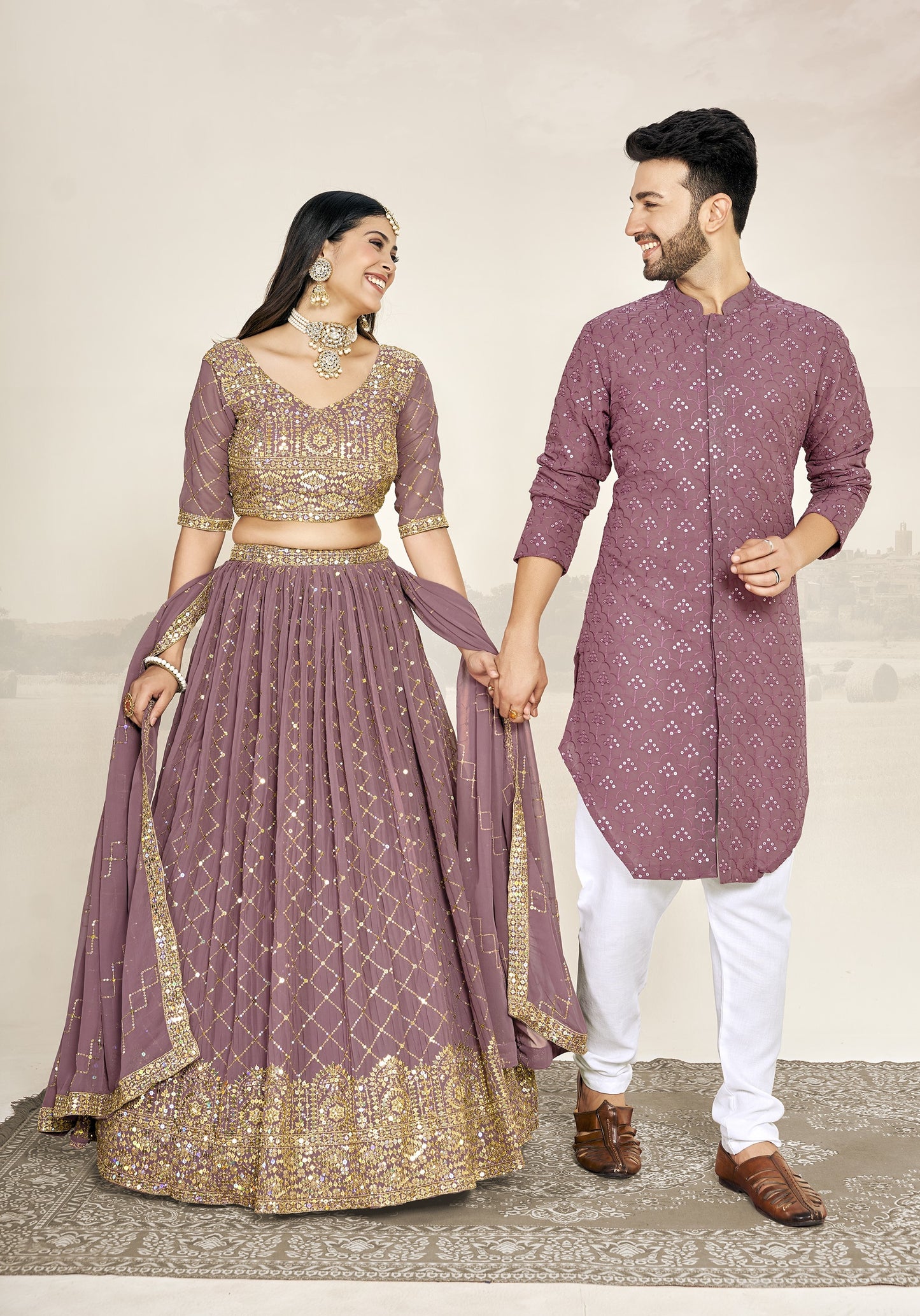 Mauve Soft Georgette Embroidered Wedding Wear Couple Wear Set