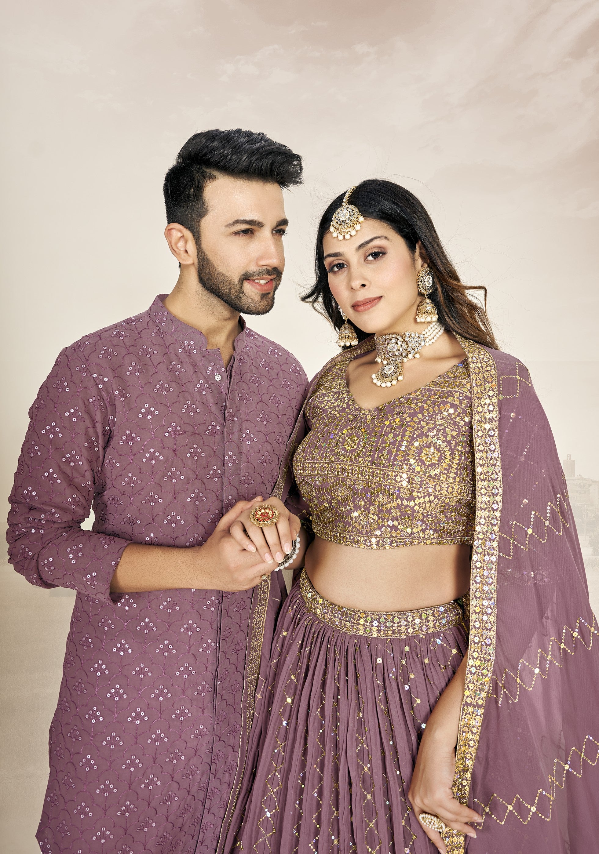 Mauve Soft Georgette Embroidered Wedding Wear Couple Wear Set