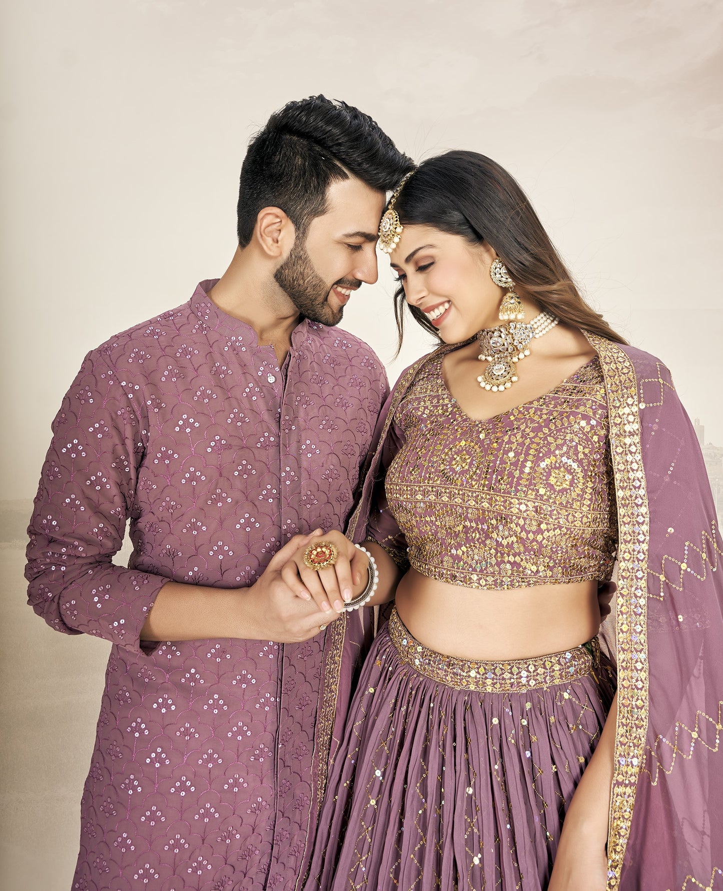 Mauve Soft Georgette Embroidered Wedding Wear Couple Wear Set