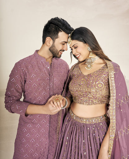 Mauve Soft Georgette Embroidered Wedding Wear Couple Wear Set