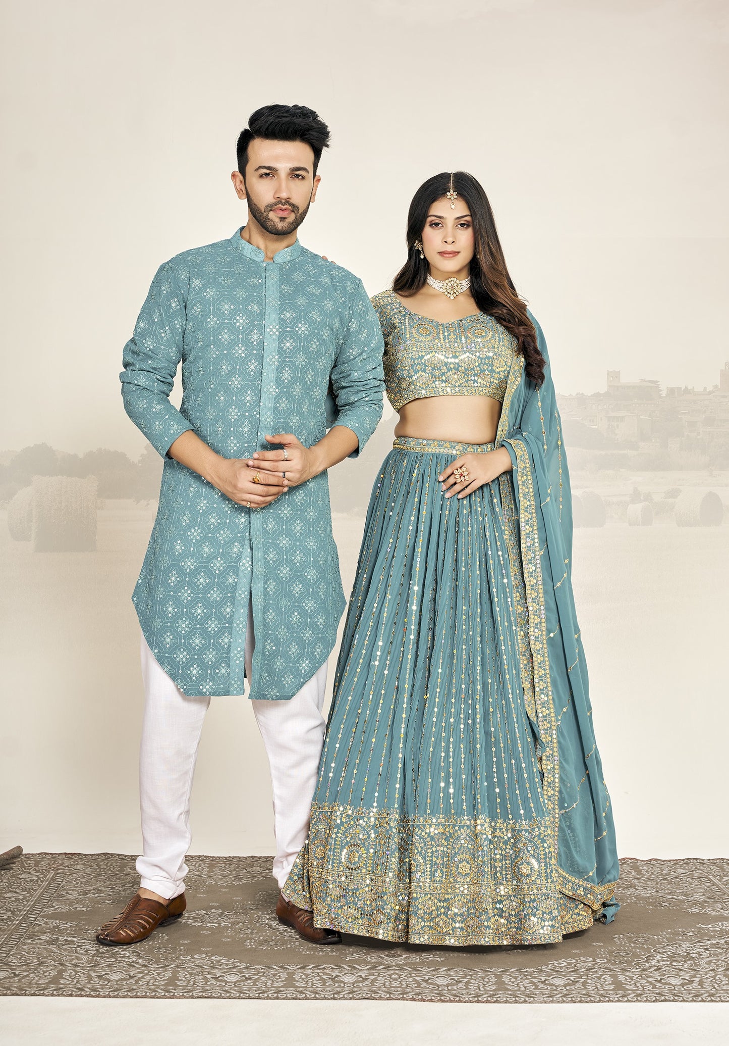 Light Blue Georgette Embroidered Wedding Wear Couple Wear Set