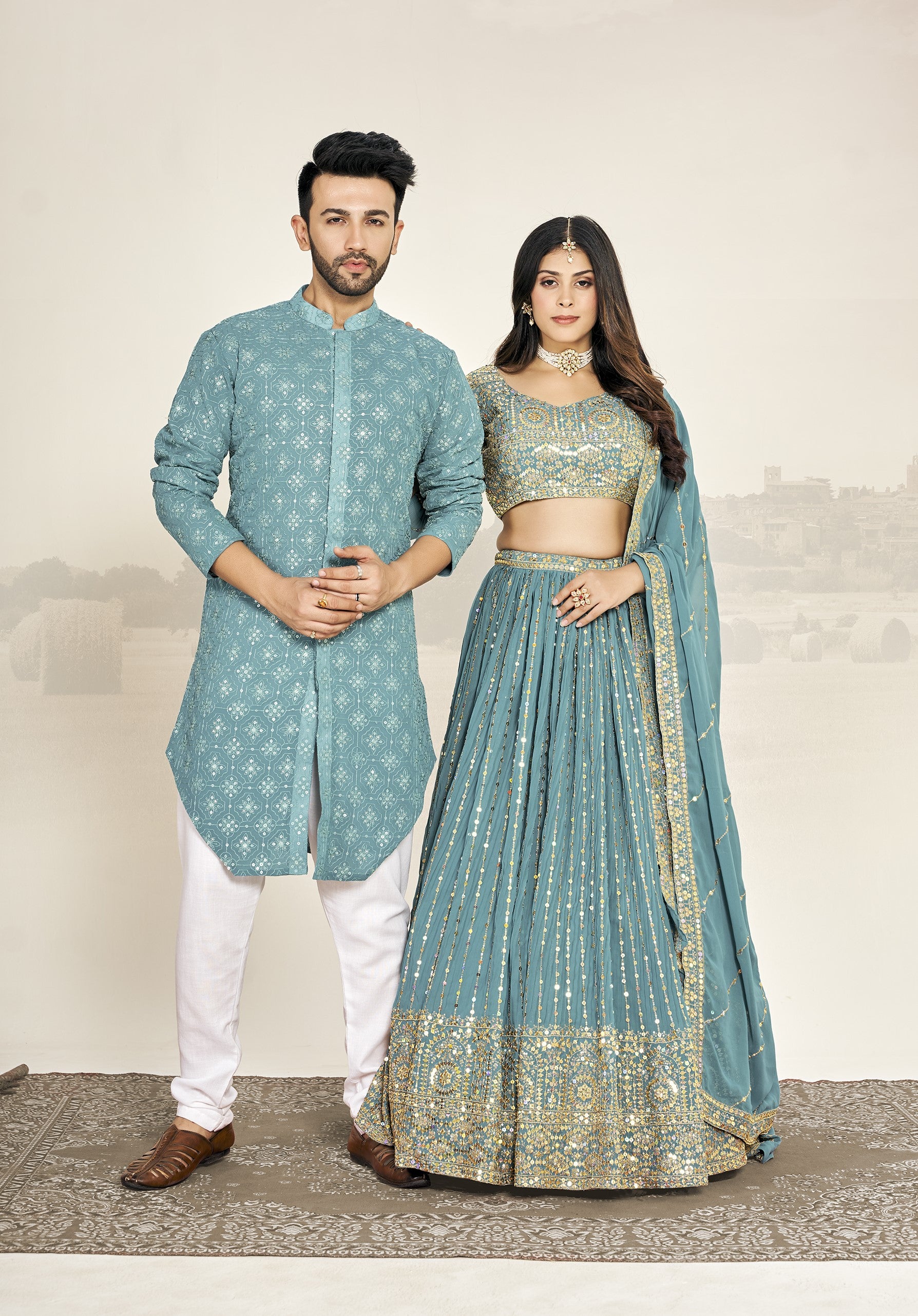 Light Blue Georgette Embroidered Wedding Wear Couple Wear Set