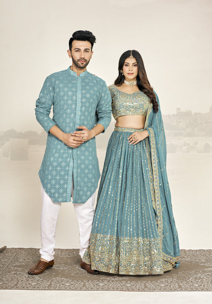 Light Blue Georgette Embroidered Wedding Wear Couple Wear Set