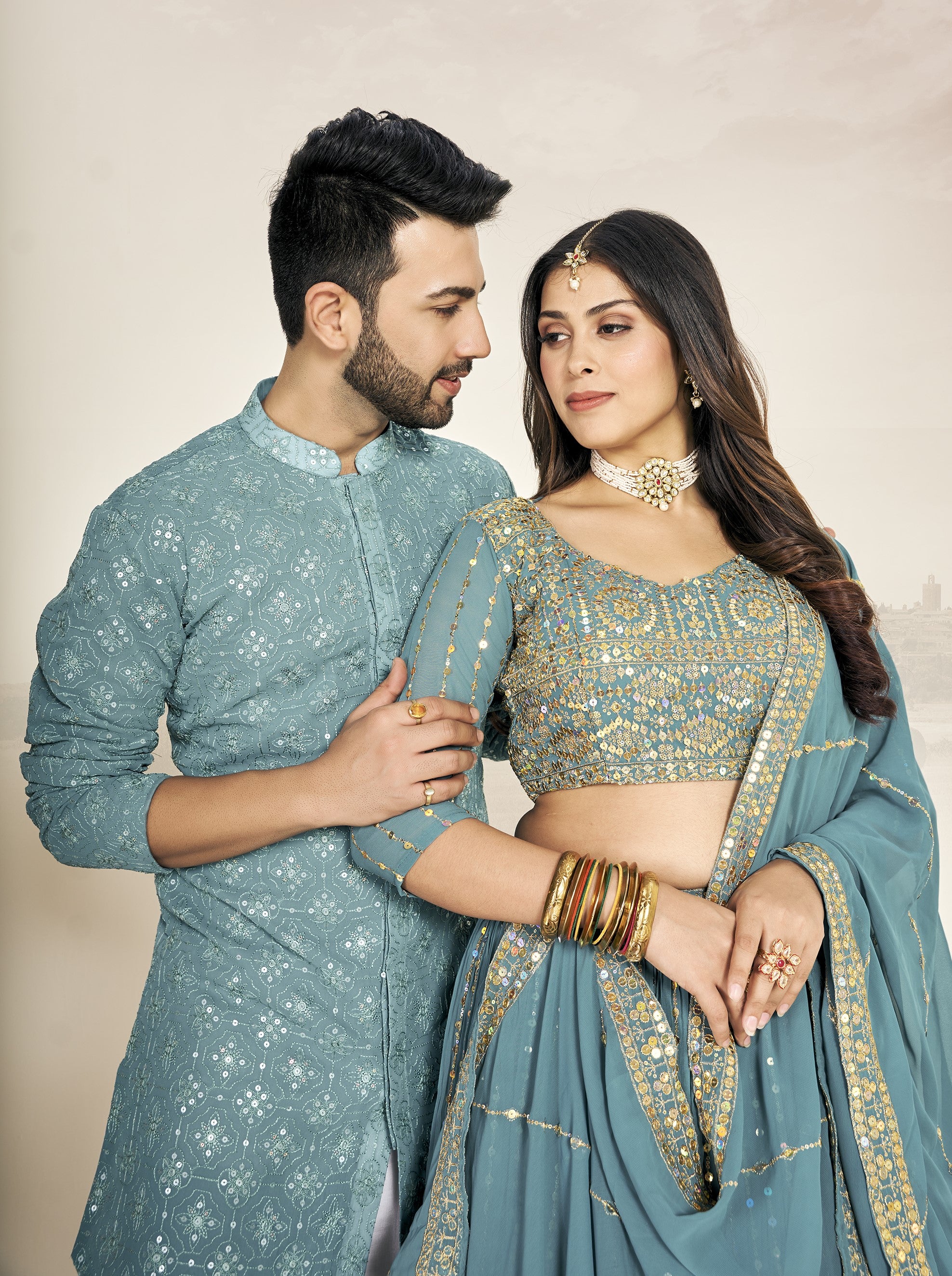 Light Blue Georgette Embroidered Wedding Wear Couple Wear Set