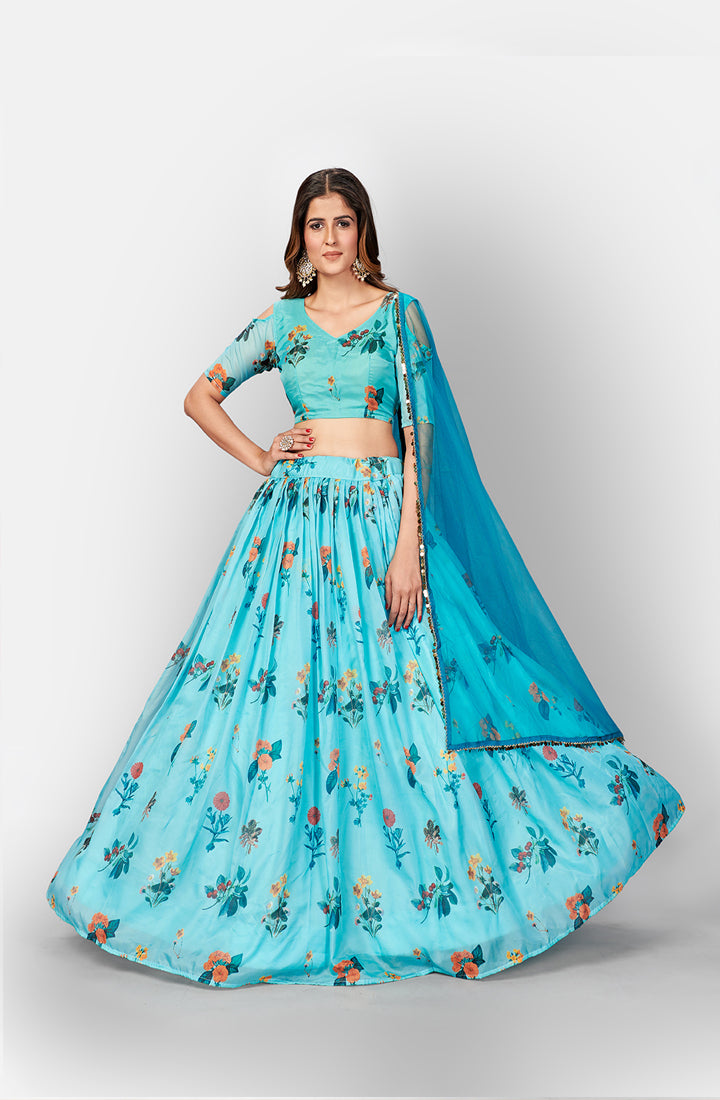 Captivation Blue Digital Printed Party wear Lehenga and Blouse With Dupatta