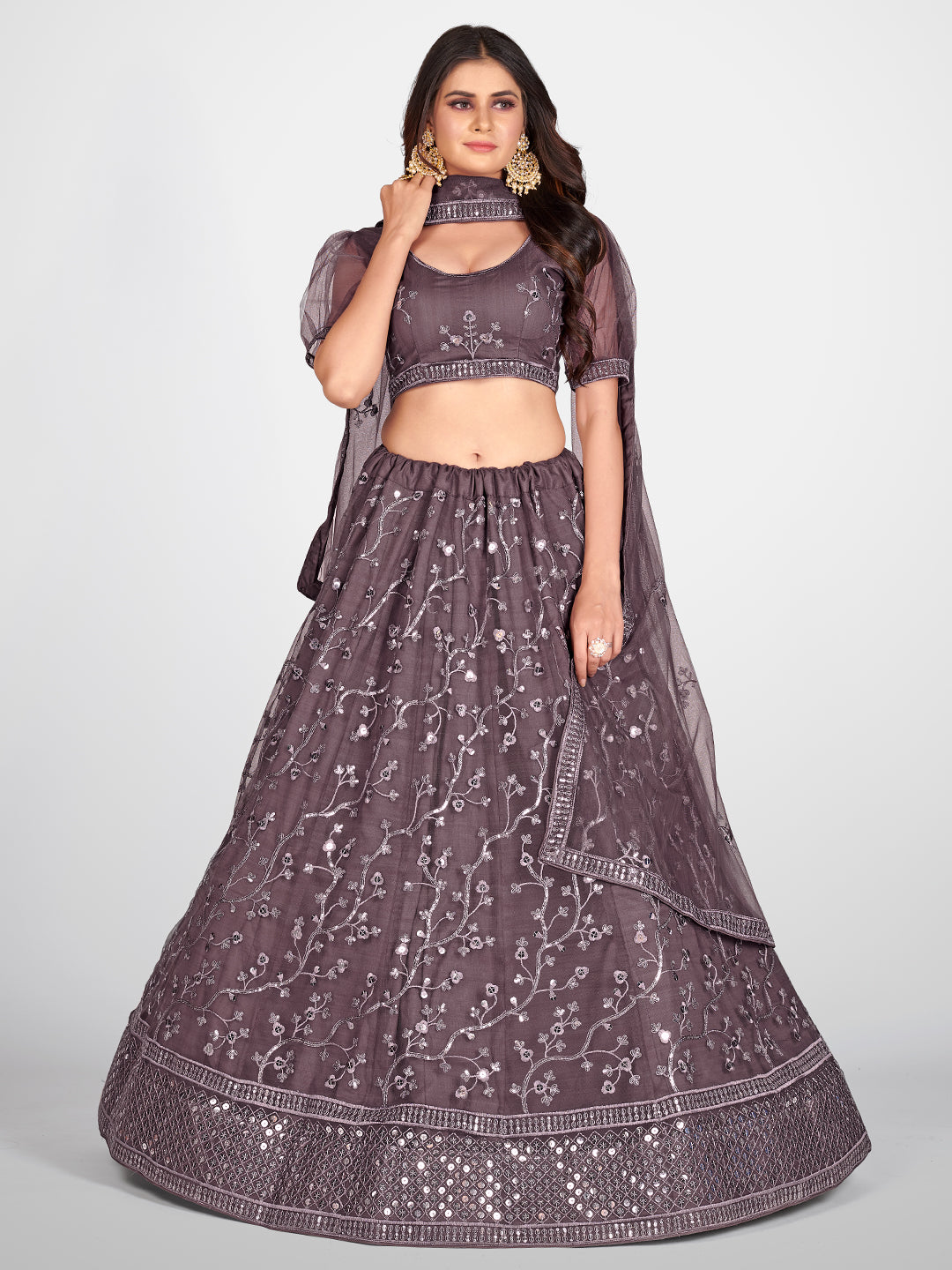Sparkling Purple and Silver Toned Embroidered Sangeet Special Lehenga and Blouse With Dupatta