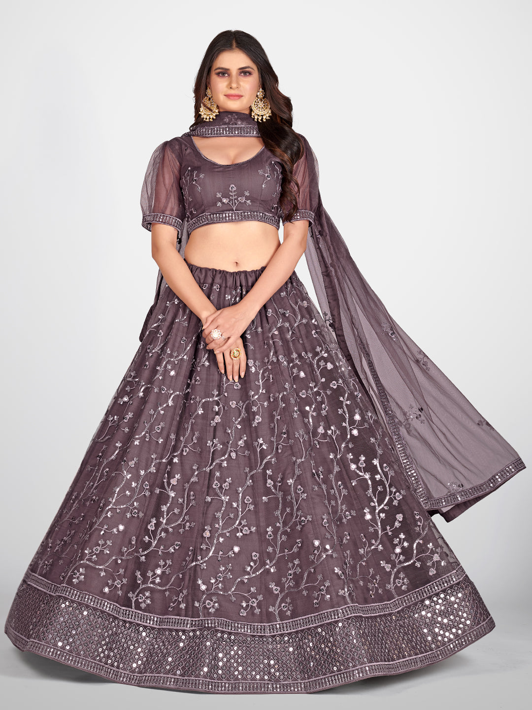 Sparkling Purple and Silver Toned Embroidered Sangeet Special Lehenga and Blouse With Dupatta