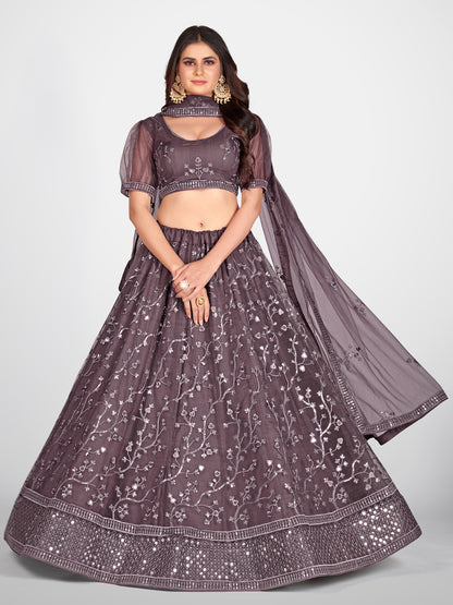 Sparkling Purple and Silver Toned Embroidered Sangeet Special Lehenga and Blouse With Dupatta