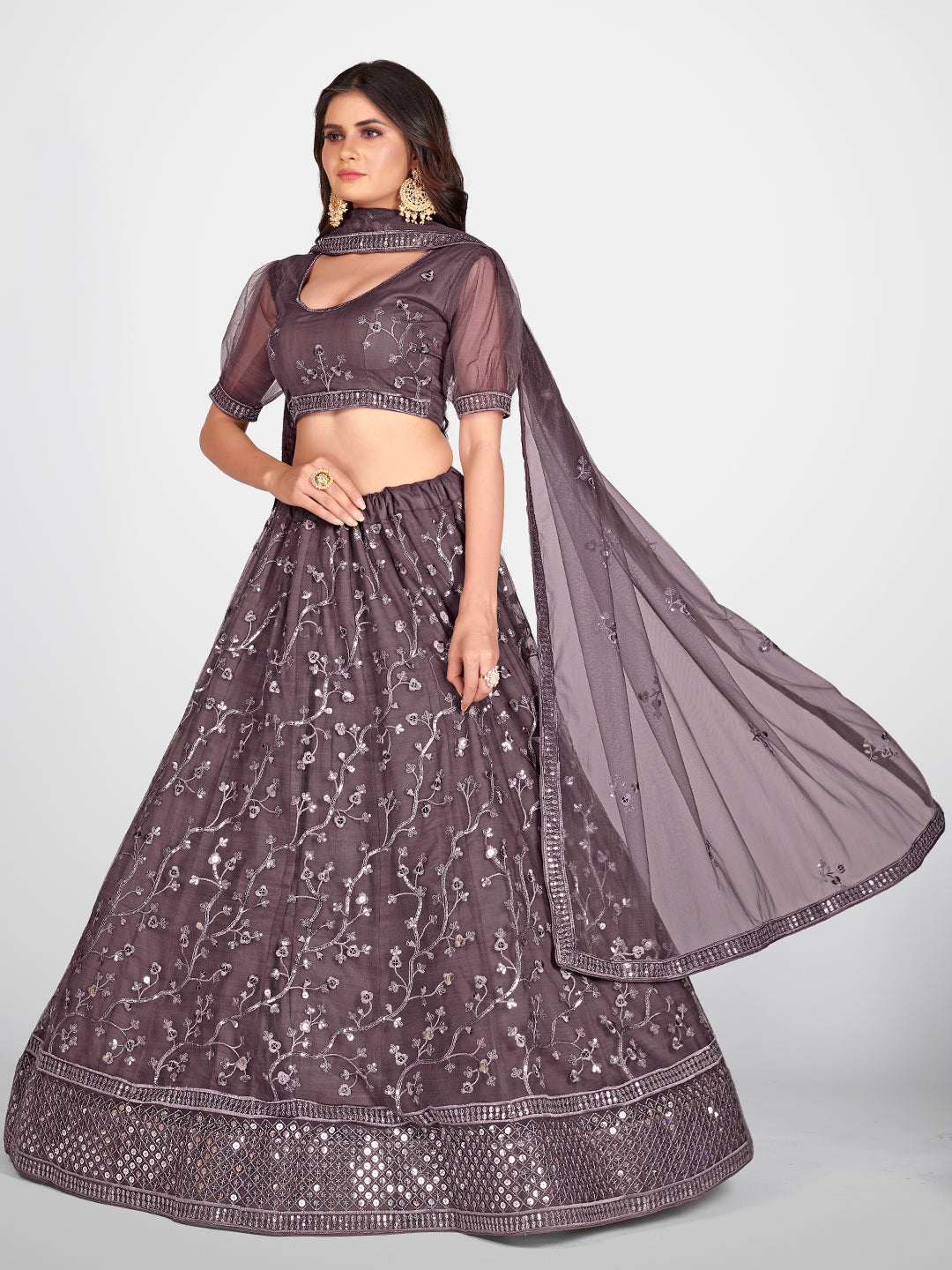 Sparkling Purple and Silver Toned Embroidered Sangeet Special Lehenga and Blouse With Dupatta