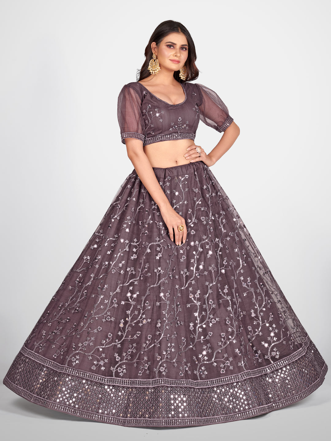 Sparkling Purple and Silver Toned Embroidered Sangeet Special Lehenga and Blouse With Dupatta