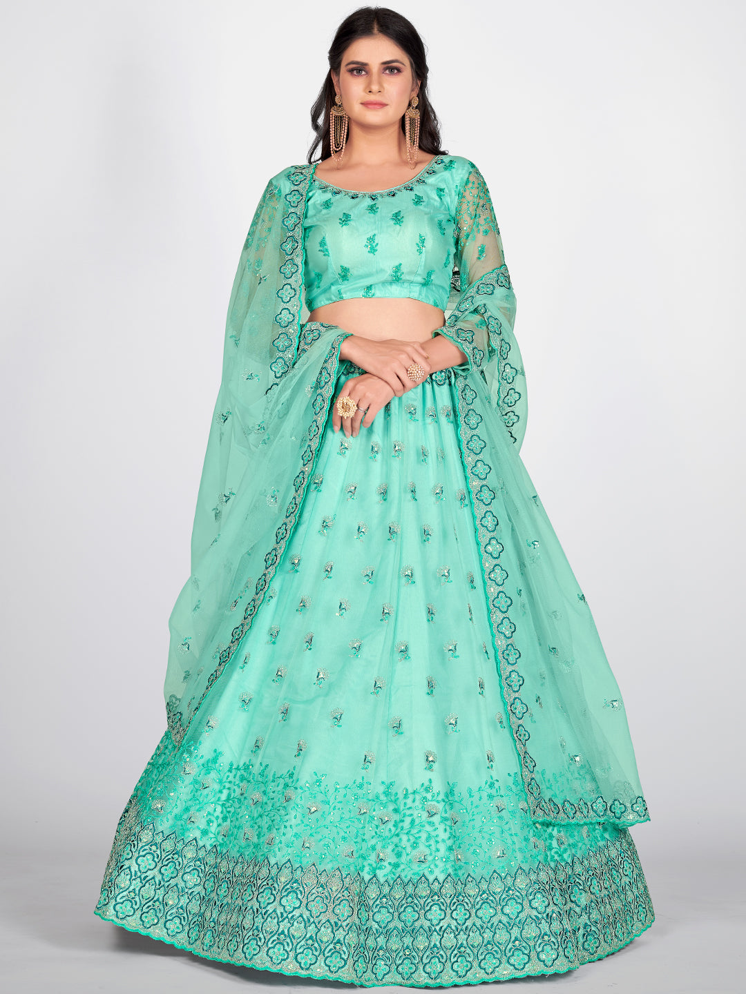 Most Famous Turquoise Blue and Green Embroidered Sangeet Special Lehenga and Blouse With Dupatta