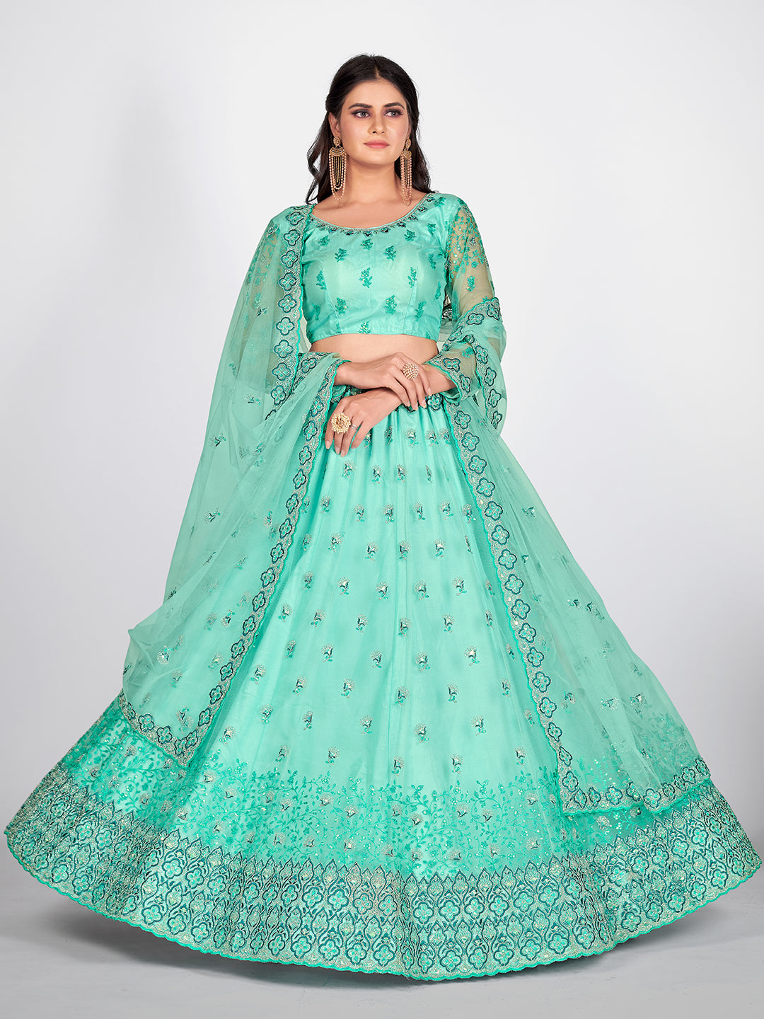Most Famous Turquoise Blue and Green Embroidered Sangeet Special Lehenga and Blouse With Dupatta