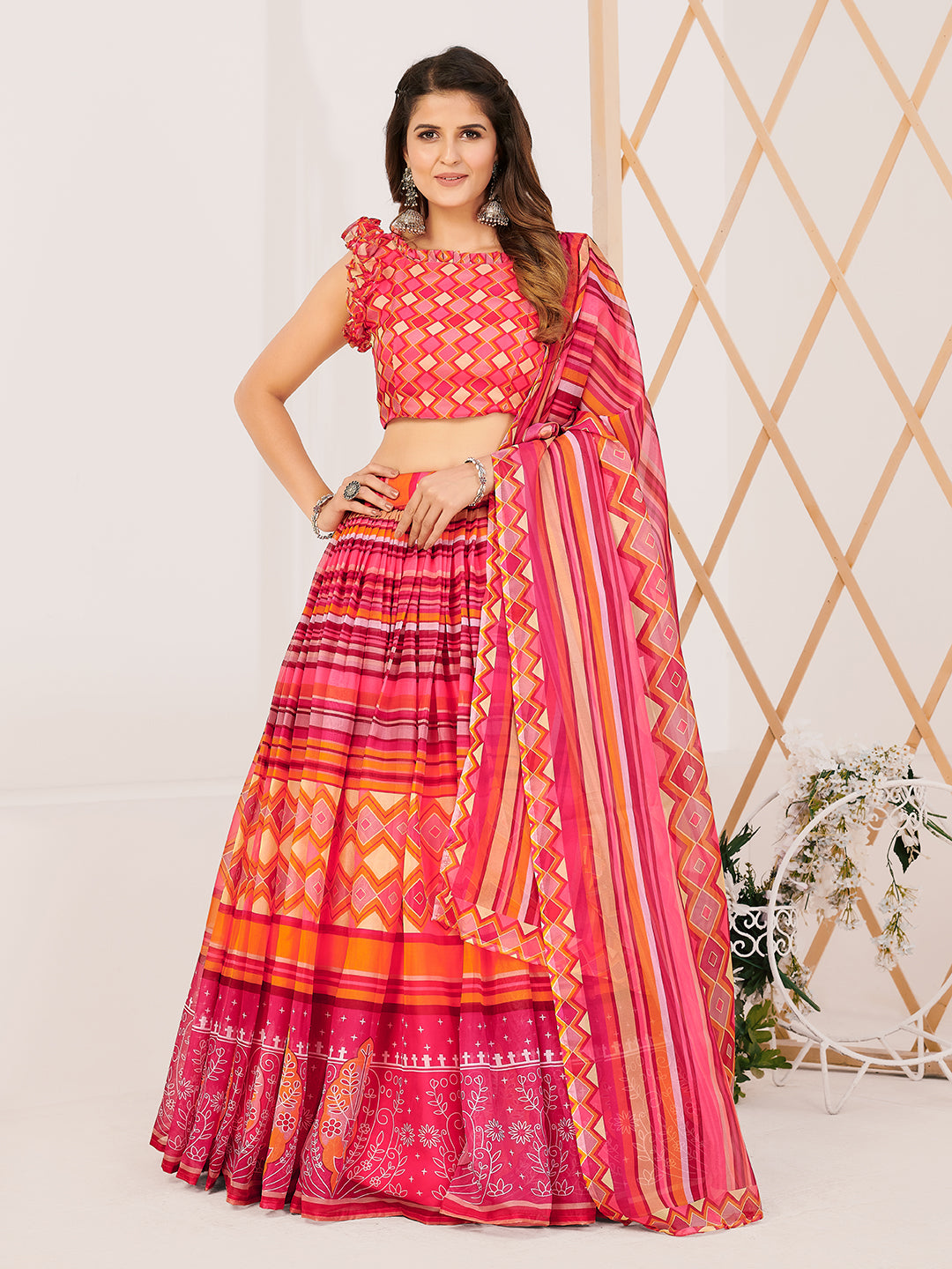 Traditional Multi Printed Lehenga and Blouse With Dupatta