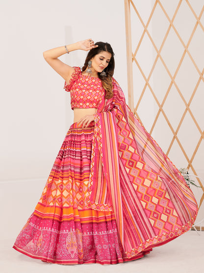 Traditional Multi Printed Lehenga and Blouse With Dupatta