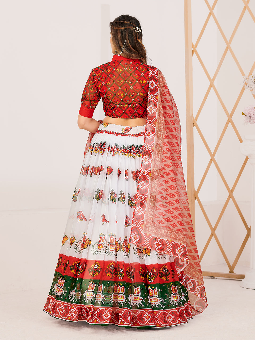 Red & White Printed Lehenga Choli In Organza