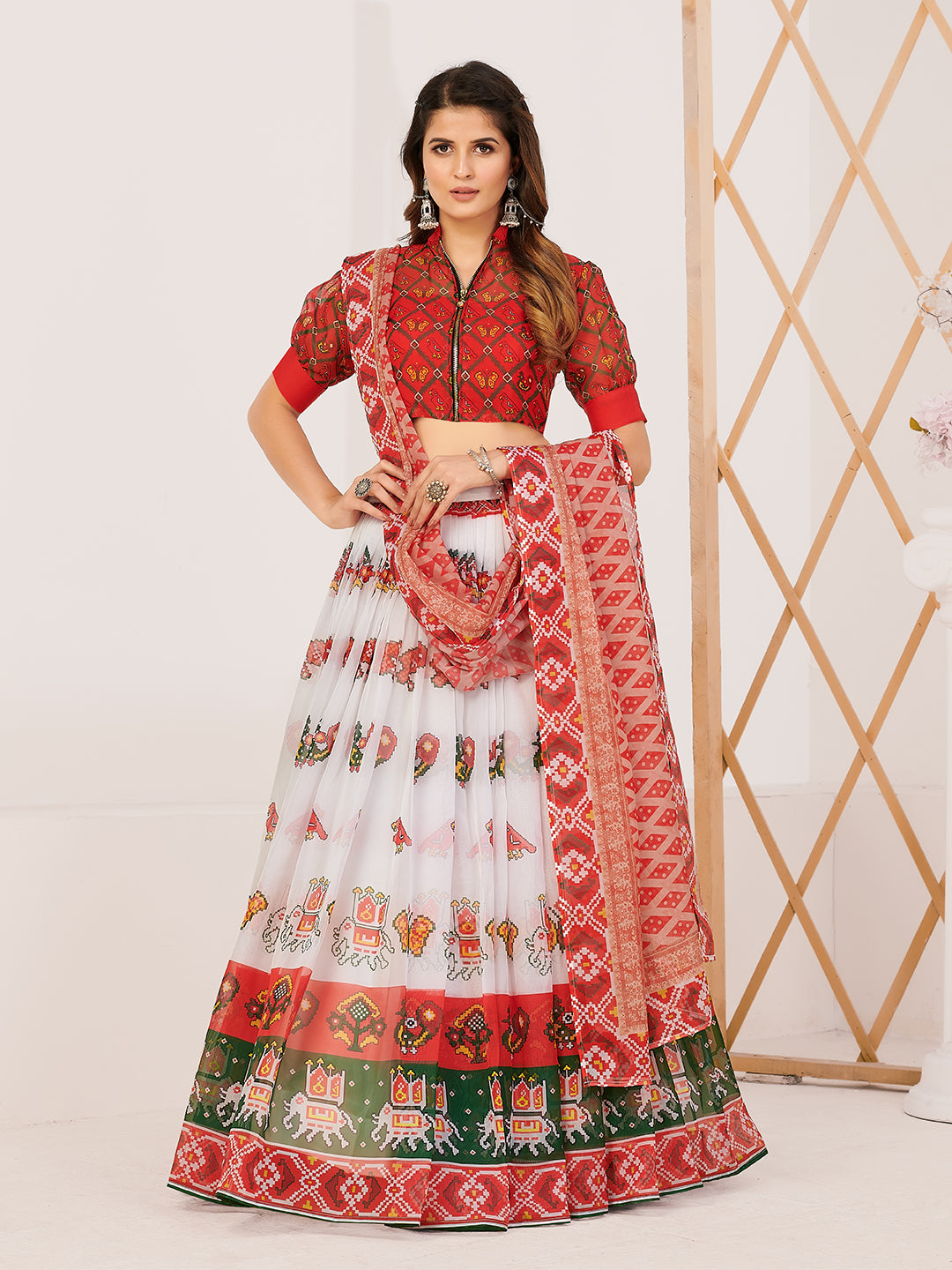 Red & White Printed Lehenga Choli In Organza