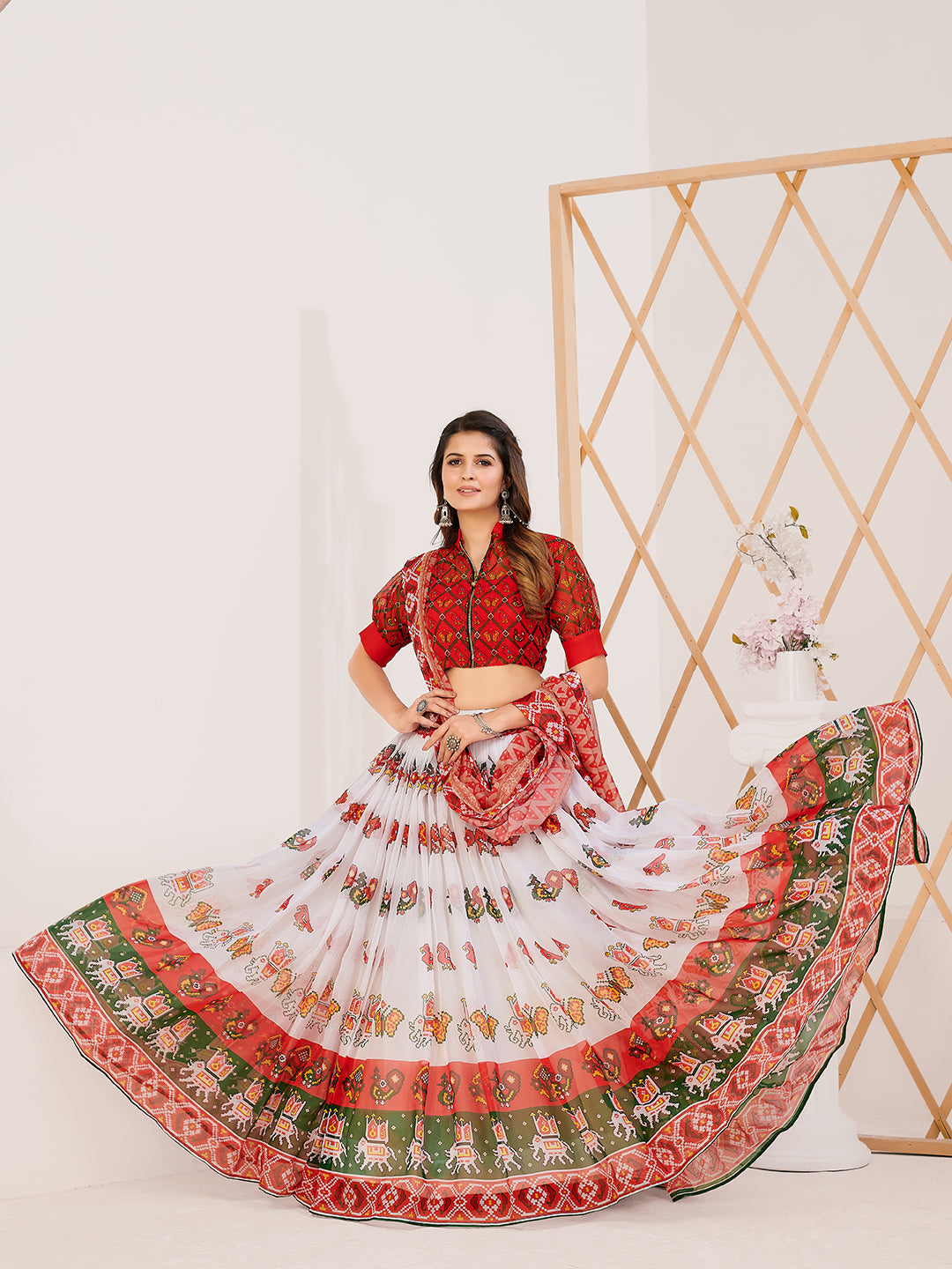 Red & White Printed Lehenga Choli In Organza