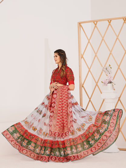 Red & White Printed Lehenga Choli In Organza