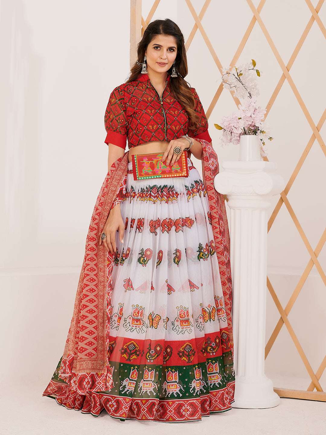 Red & White Printed Lehenga Choli In Organza