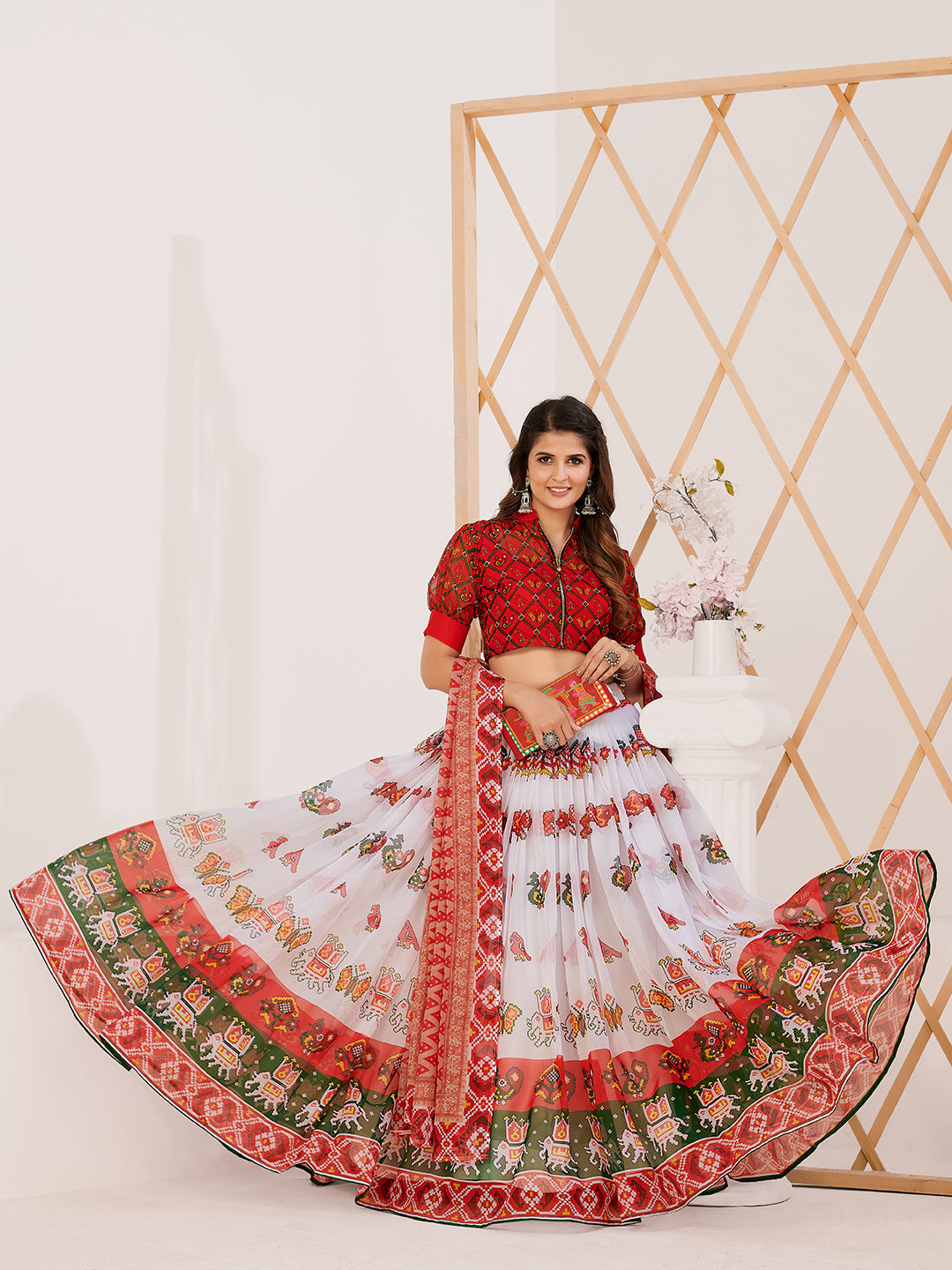 Red & White Printed Lehenga Choli In Organza