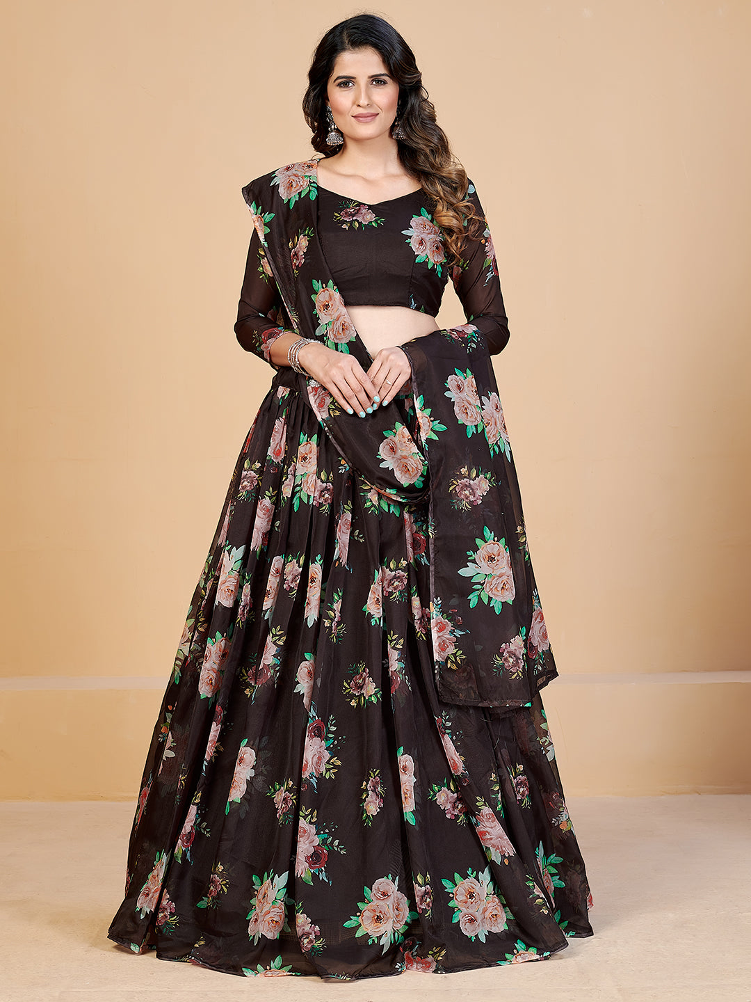 New Arrival Brown and Peach Printed Lehenga and Blouse With Dupatta