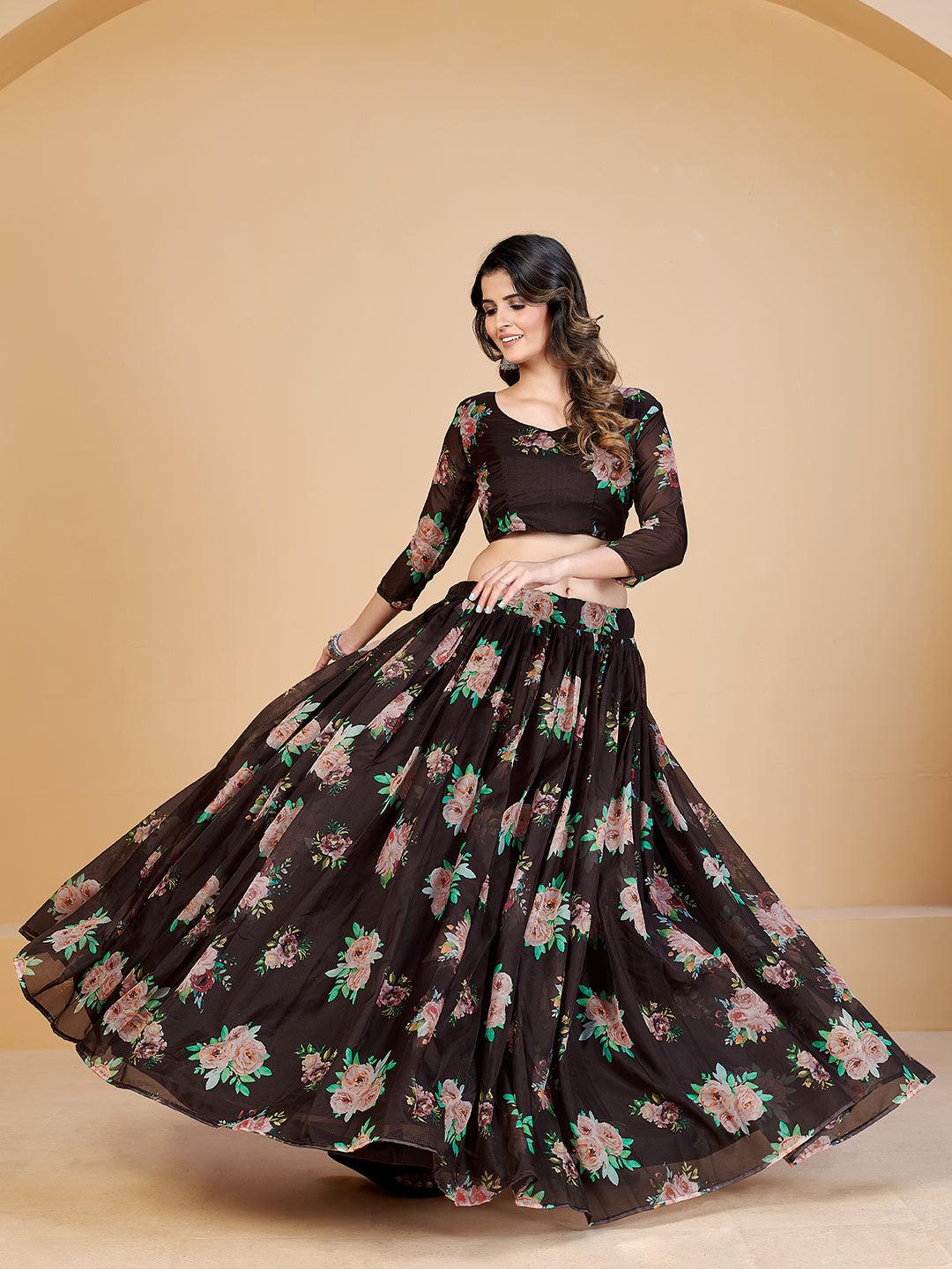 New Arrival Brown and Peach Printed Lehenga and Blouse With Dupatta