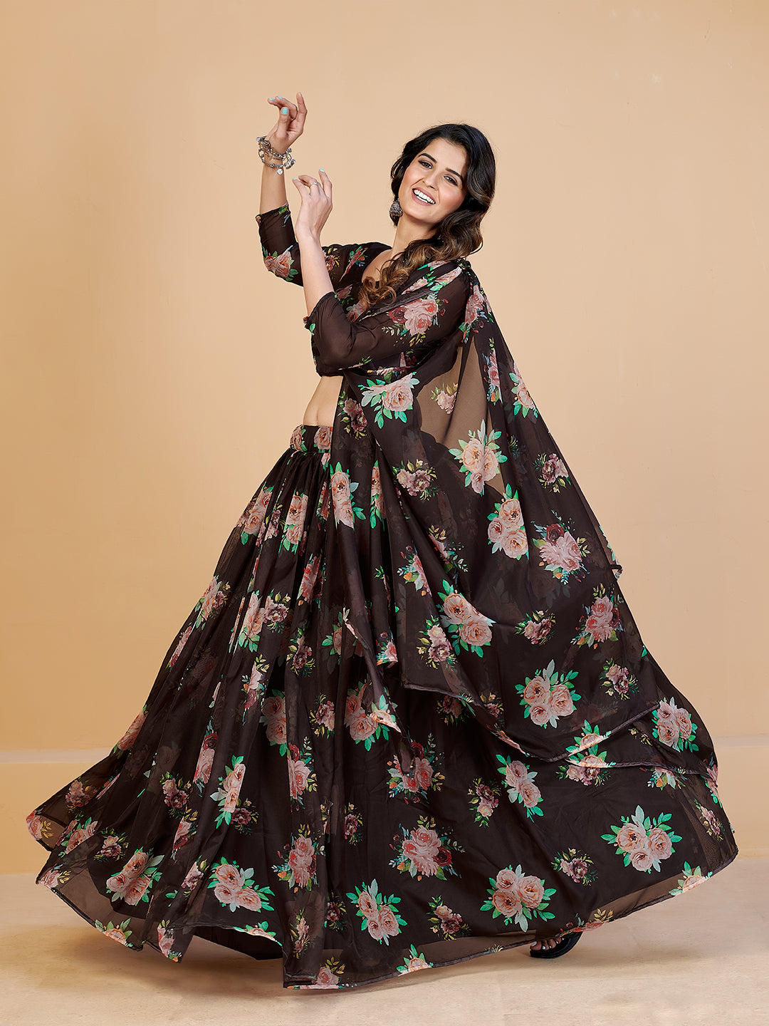 New Arrival Brown and Peach Printed Lehenga and Blouse With Dupatta