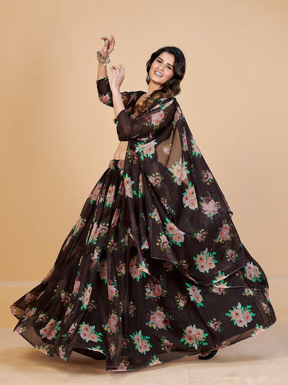 New Arrival Brown and Peach Printed Lehenga and Blouse With Dupatta