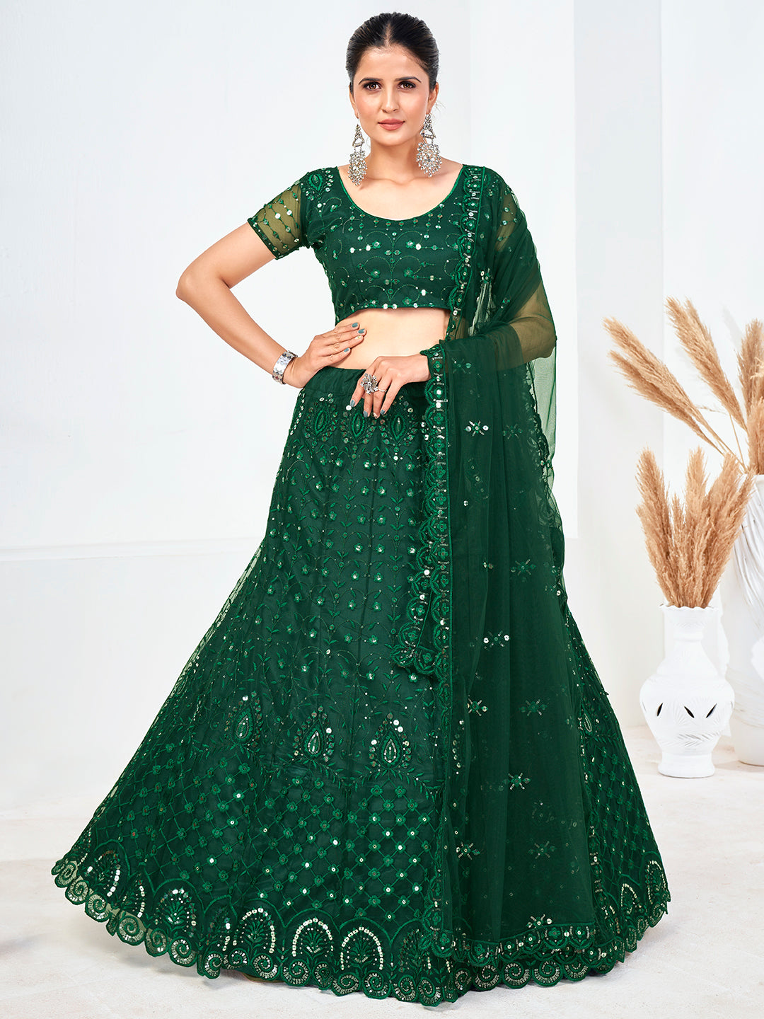 Green Sequins Embroidered Soft Net Festival Special Lehenga Choli