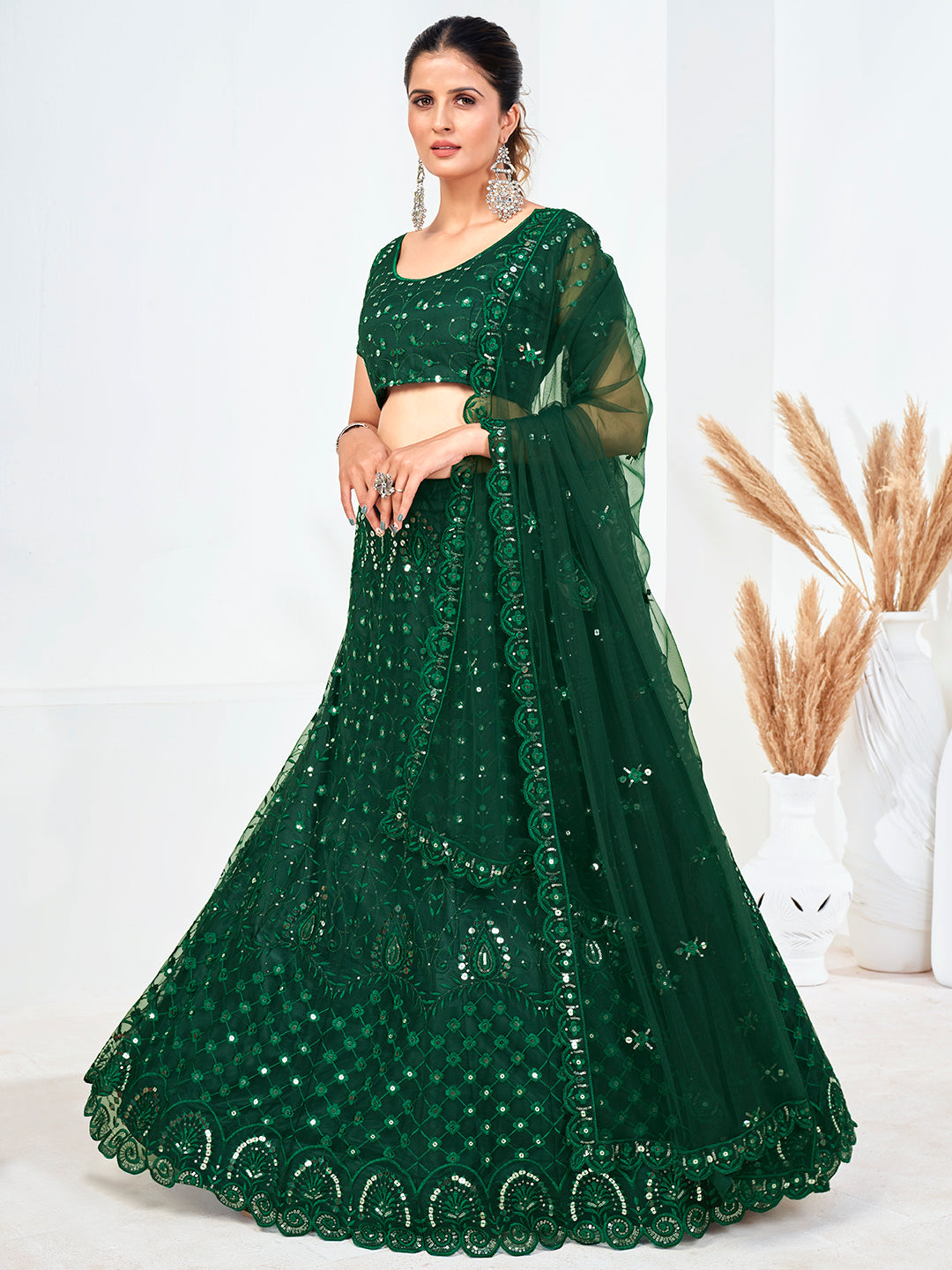 Green Sequins Embroidered Soft Net Festival Special Lehenga Choli