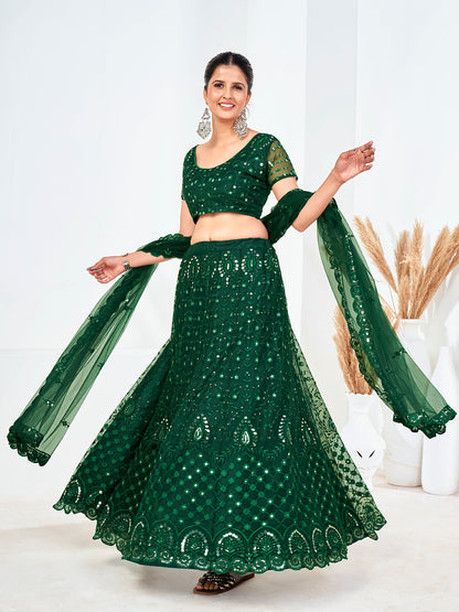 Green Sequins Embroidered Soft Net Festival Special Lehenga Choli