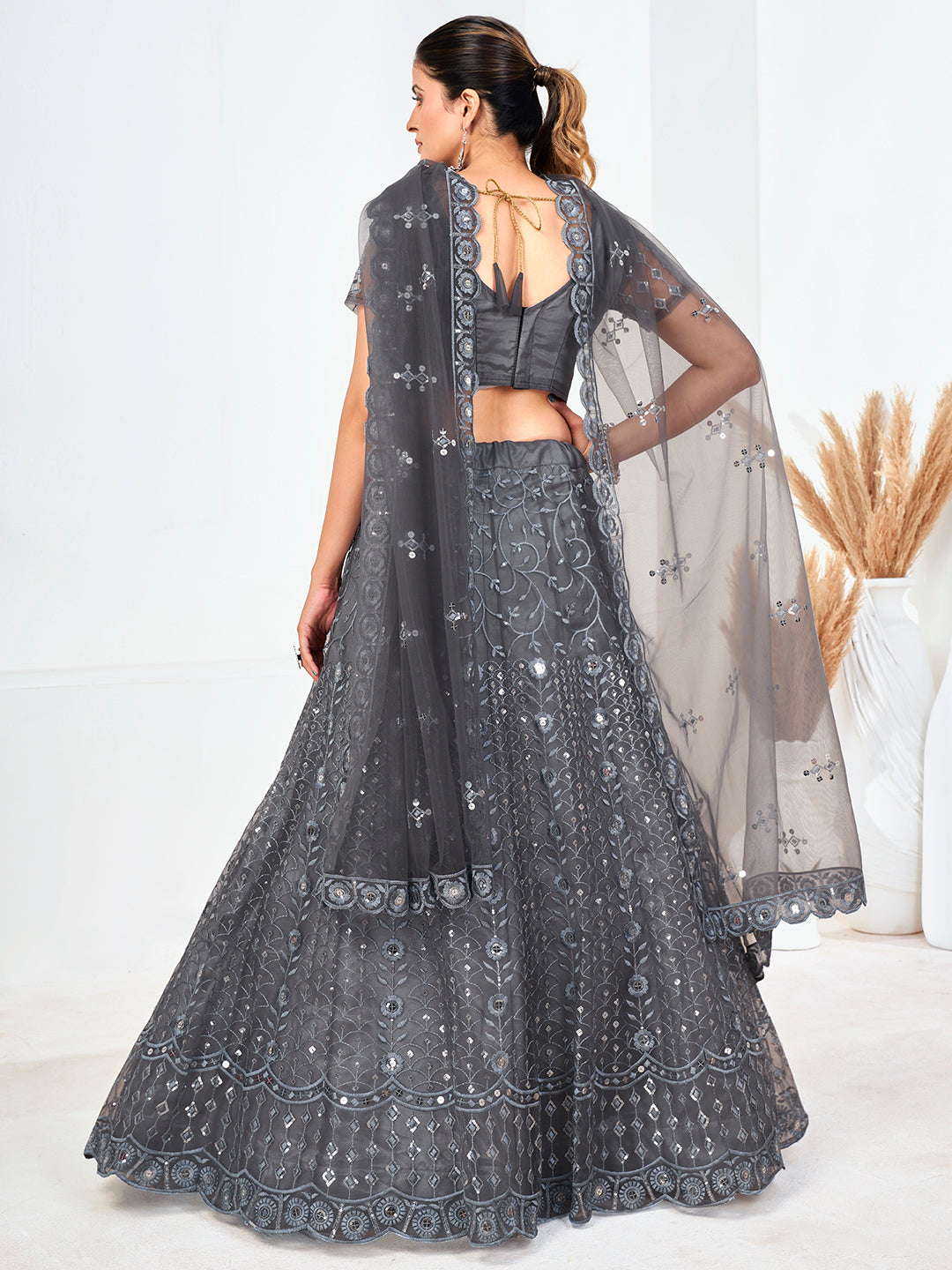 Grey Sequins Embroidered Soft Net Festival Special Lehenga Choli
