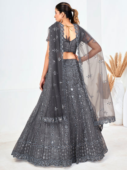 Grey Sequins Embroidered Soft Net Festival Special Lehenga Choli