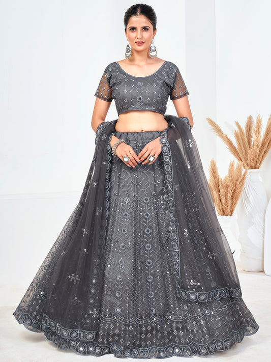 Grey Sequins Embroidered Soft Net Festival Special Lehenga Choli