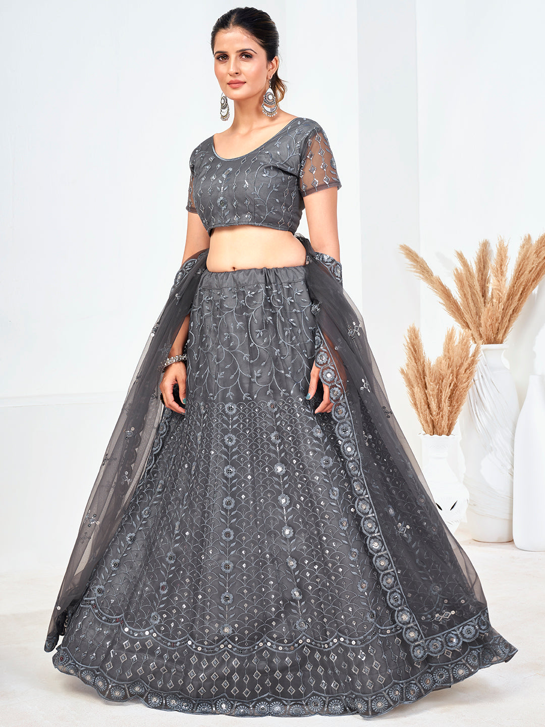 Grey Sequins Embroidered Soft Net Festival Special Lehenga Choli