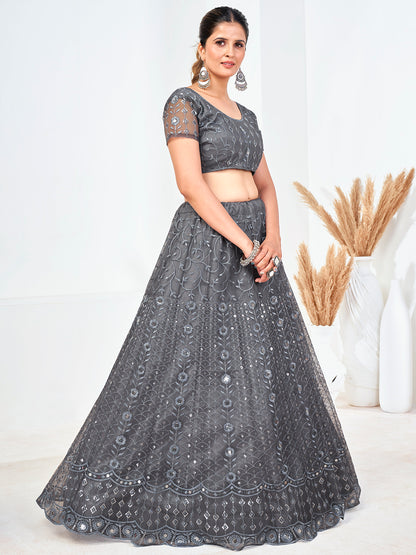 Grey Sequins Embroidered Soft Net Festival Special Lehenga Choli