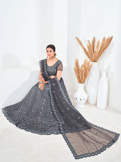 Grey Sequins Embroidered Soft Net Festival Special Lehenga Choli