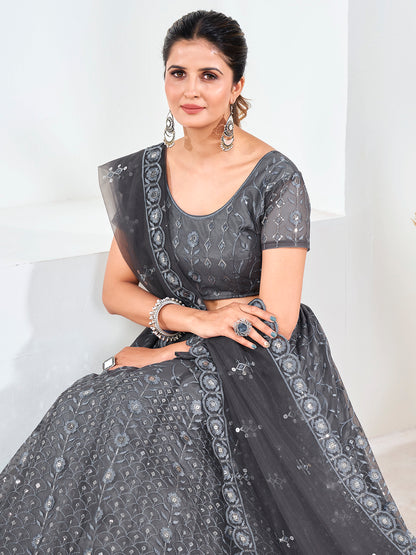 Grey Sequins Embroidered Soft Net Festival Special Lehenga Choli