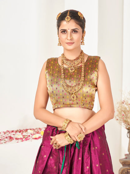Pink & Green Semi-Stitched Lehenga & Unstitched Blouse With Dupatta