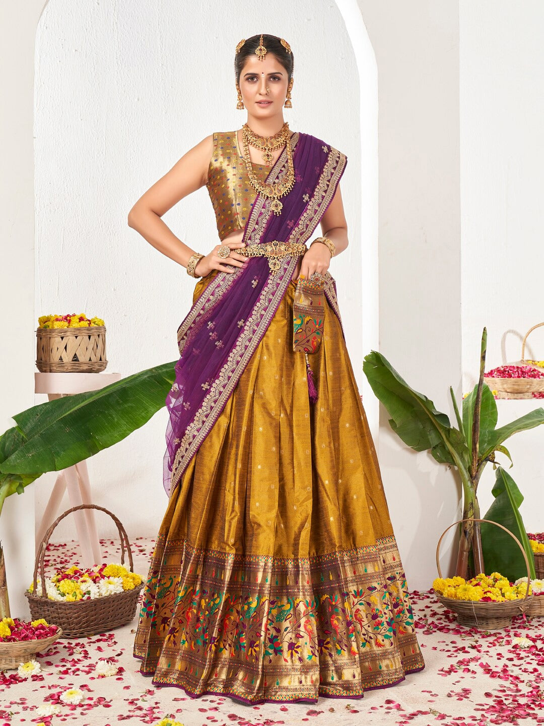 Mustard & Purple Semi-Stitched Lehenga & Unstitched Blouse With Dupatta