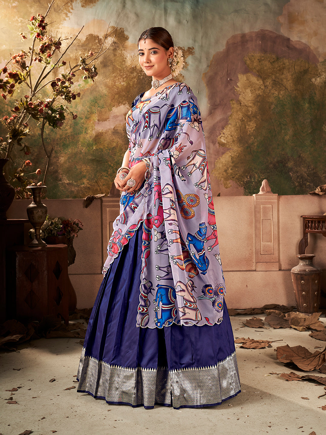 Navy Blue Banarasi Silk Zari Bordered Lehenga Choli