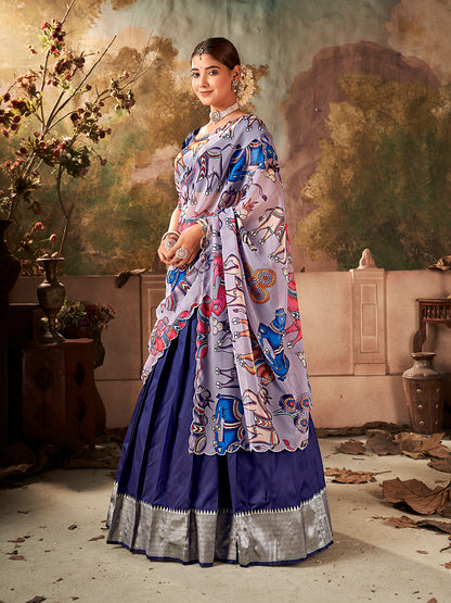 Navy Blue Banarasi Silk Zari Bordered Lehenga Choli