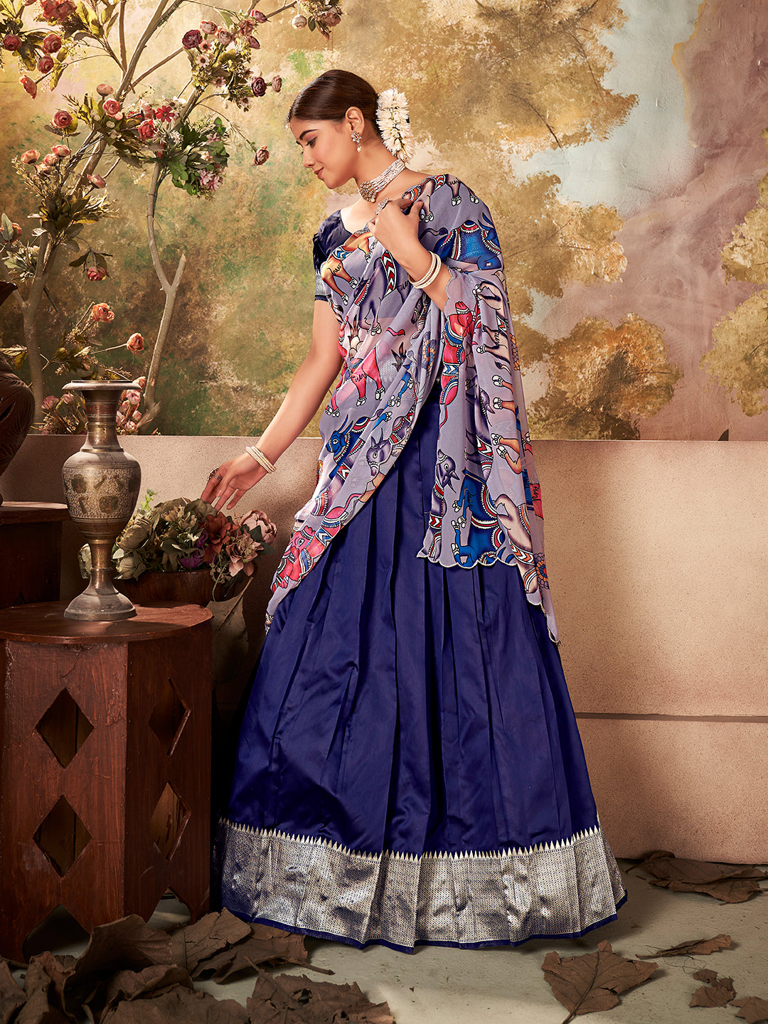 Navy Blue Banarasi Silk Zari Bordered Lehenga Choli