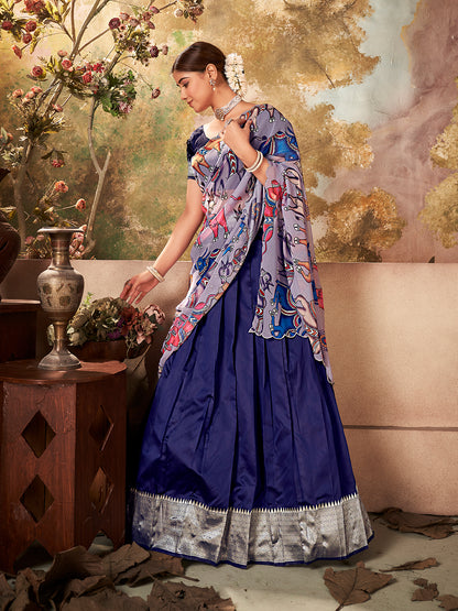 Navy Blue Banarasi Silk Zari Bordered Lehenga Choli