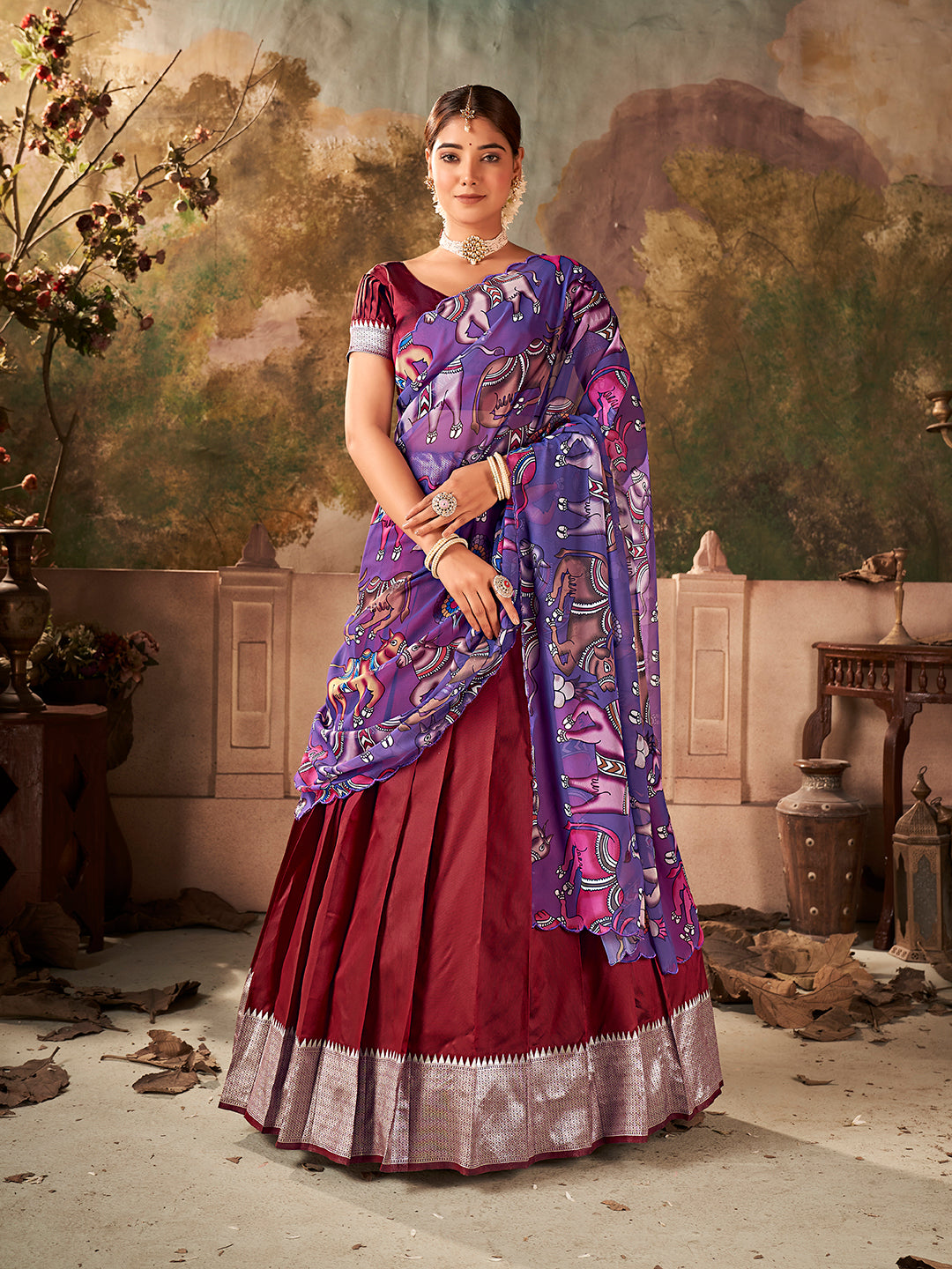 Dark Maroon Banarasi Silk Zari Bordered Lehenga Choli