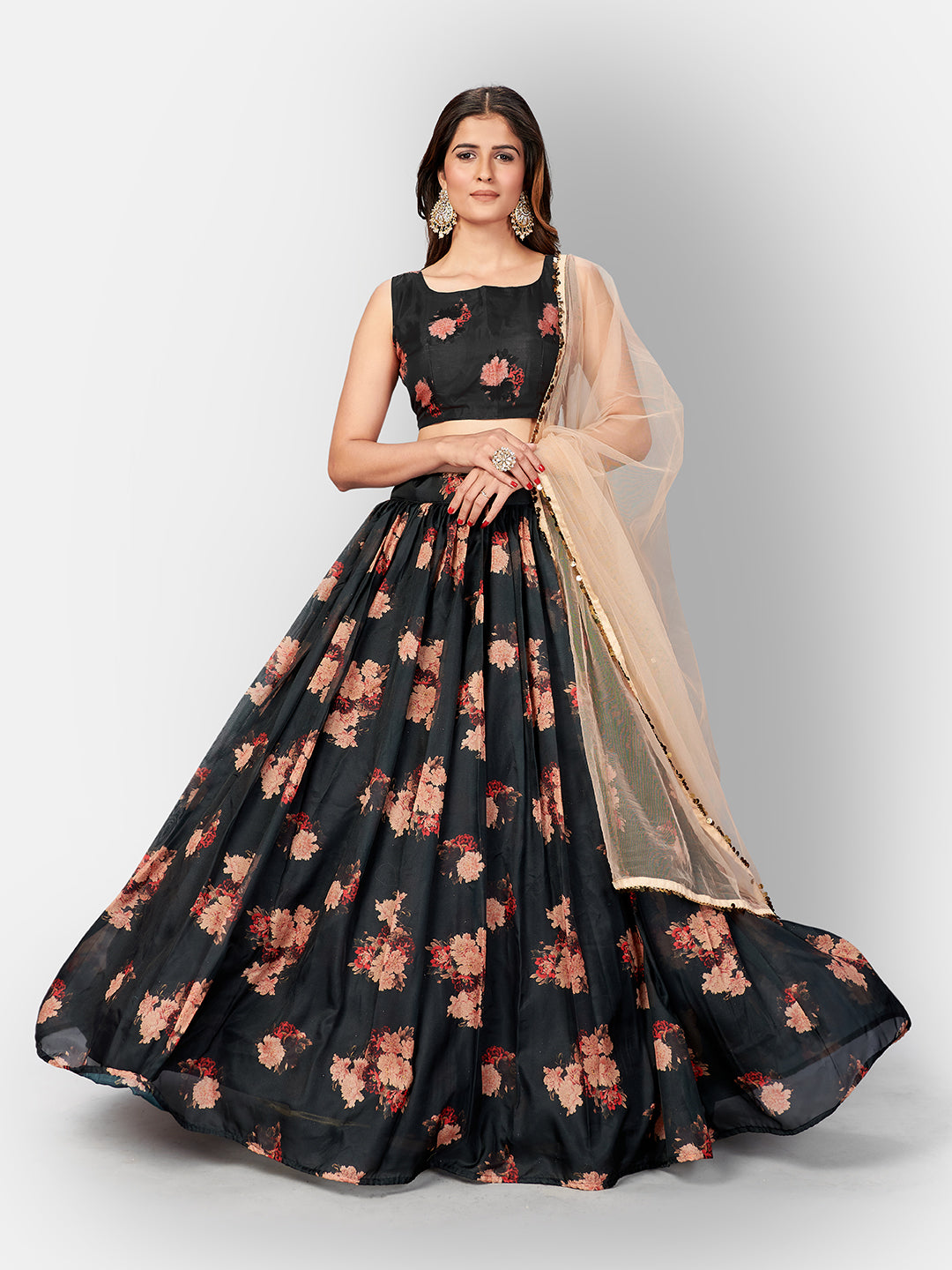 Black Printed Semi-Stitched Lehenga  Unstitched Blouse With Dupatta