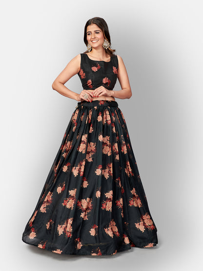 Black Printed Semi-Stitched Lehenga  Unstitched Blouse With Dupatta
