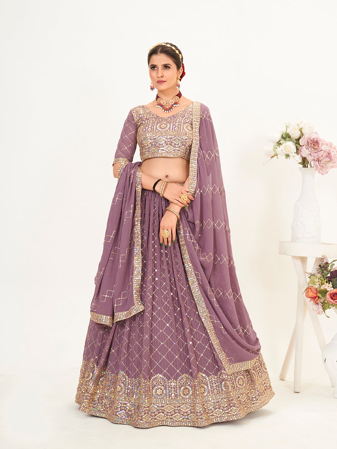 Light Purple Georgette Embroidered Wedding Lehenga Choli