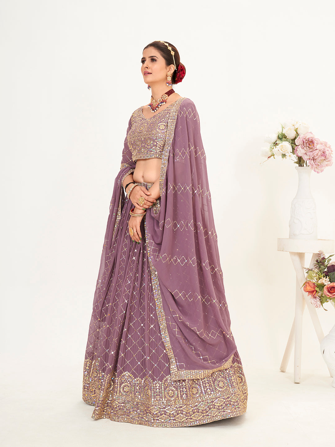 Light Purple Georgette Embroidered Wedding Lehenga Choli