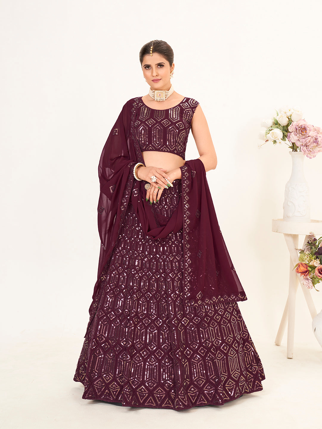 Fancy Purple Georgette Embroidered Wedding Lehenga Choli